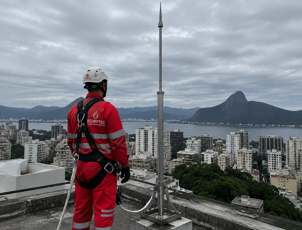 Técnico com EPI ao lado de captor de para-raios no topo de prédio residencial no Rio de Janeiro