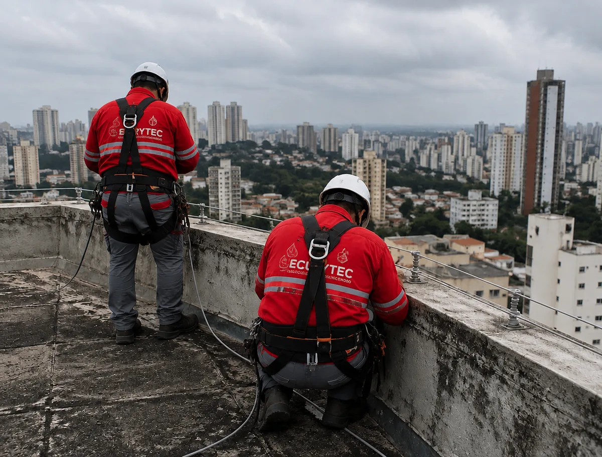 Dois técnicos com capacete e cinto de segurança trabalhando na cobertura de um condomínio