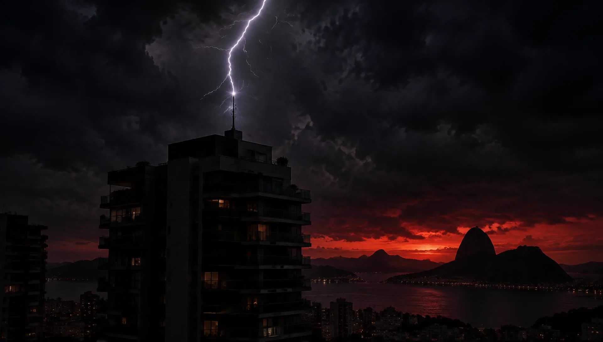 Prédio com para-raios sob céu de tempestade no Rio de Janeiro